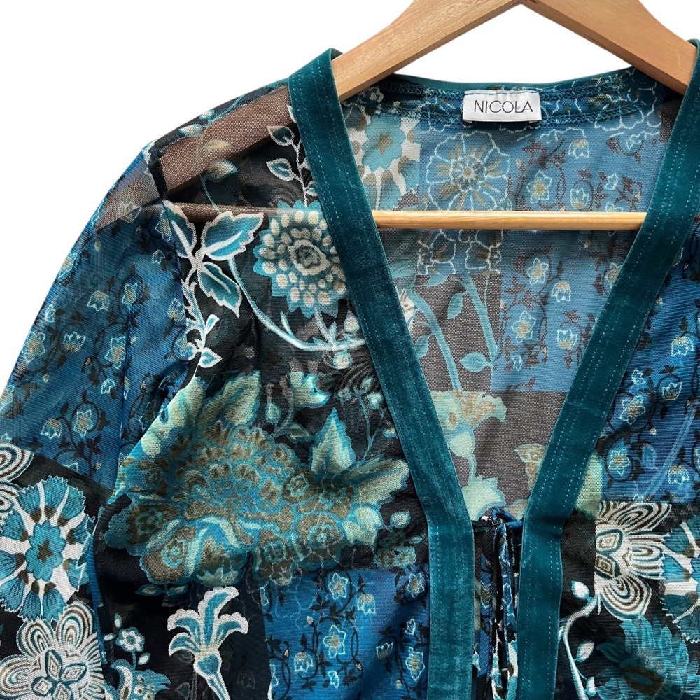 Nicola VTG Y2K Mesh Front Tie Velvet Trim Floral Long Sleeve Top M Fairy Grunge - Picture 4 of 12